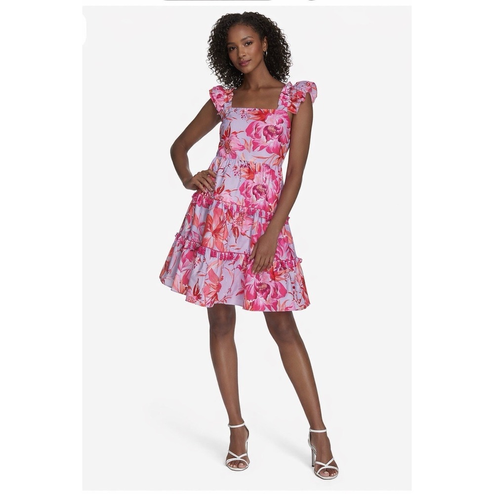 Eliza J Sundress Womens SIZE 10 Poplin Pink Floral Print Square Neck Tassel